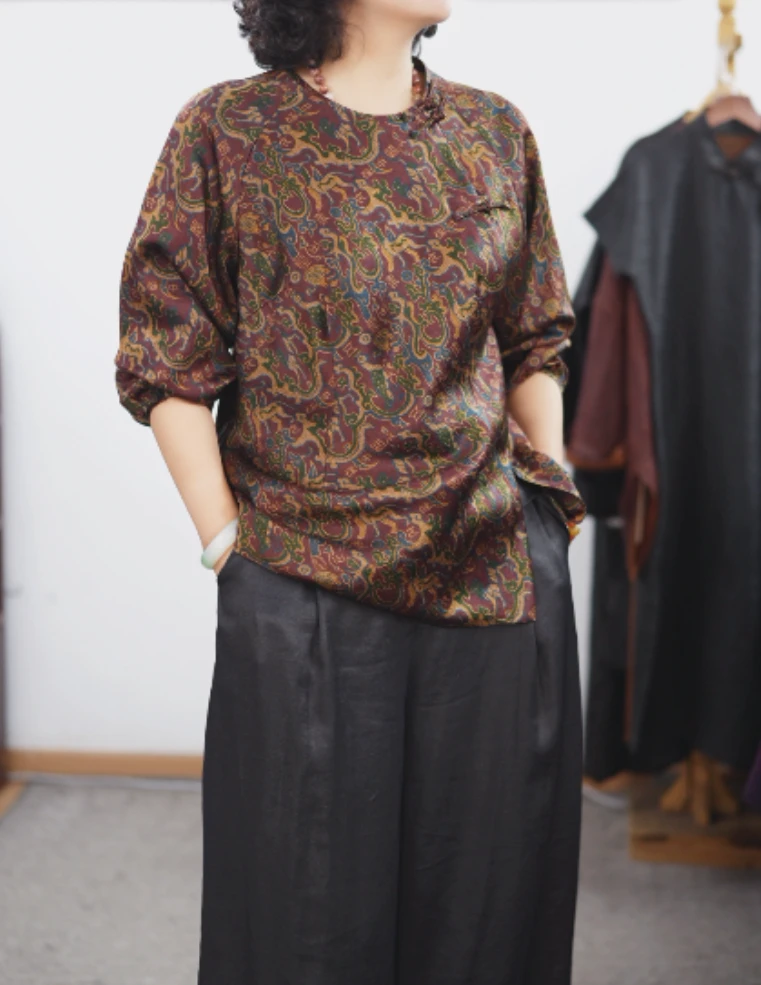 YIMEIXIU/依眉秀香云纱珍珠缎上衣 63582