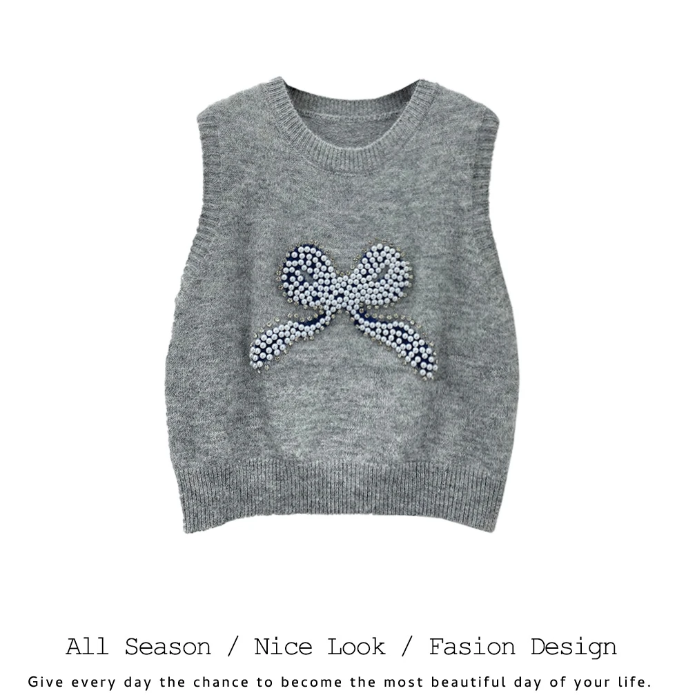 118   时尚灰色钉珠镶钻蝴蝶结修身百搭无袖马夹      款号#1720