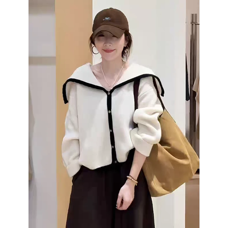法式海军领灰色毛衣开衫女秋冬季慵懒风针织外套巨好看的早秋上衣