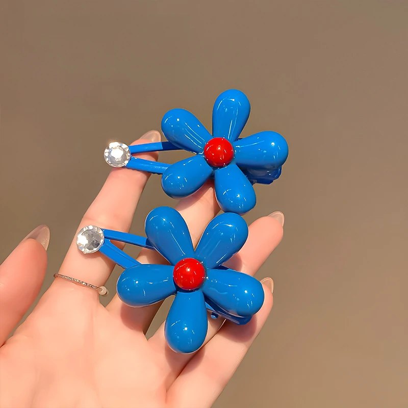 韩系蓝色花朵水钻发夹女边夹侧边碎发刘海鸭嘴夹子高级感百搭夹子