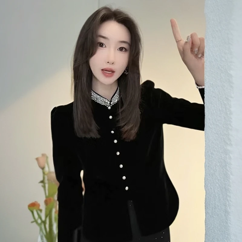 时尚高级重工钉珠丝绒衬衫2024秋冬季新款法式洋气百搭上衣显瘦