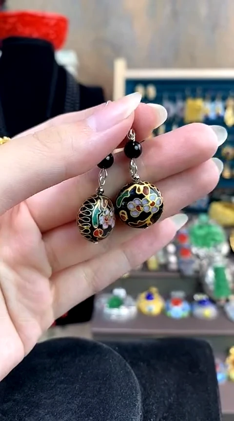 非遗手工艺景泰蓝 耳环 一对 扁 黑色