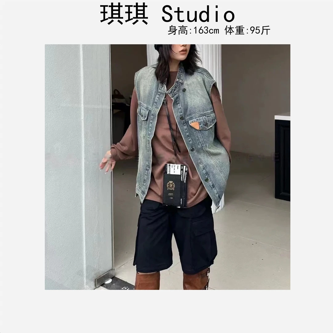 早春新款潮流时尚刺绣字母纽扣复古宽松显瘦减龄牛仔马甲939-G