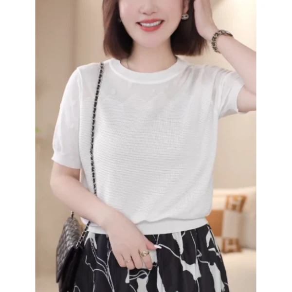 洋气圆领短袖针织2025年春夏新款减龄百搭显瘦透气通勤上衣女款