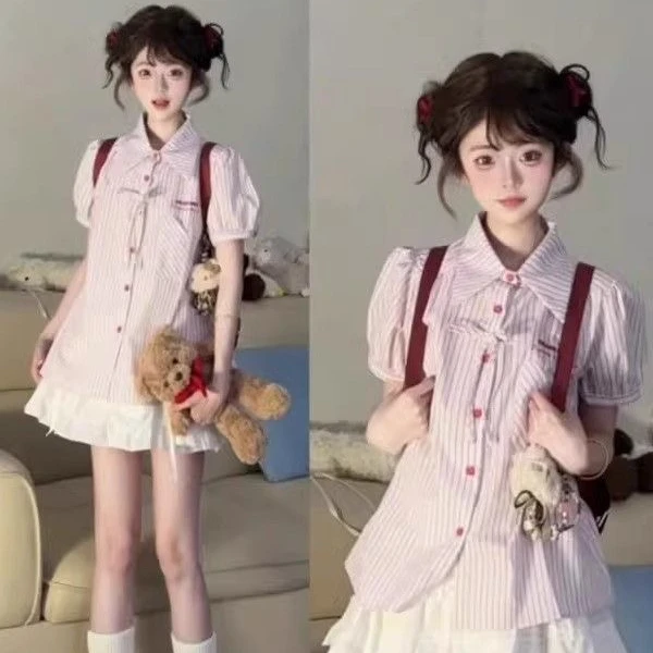 【兜小兜原创】元气学院风条纹衬衫重工蛋糕蓬蓬裙Lolita裙套装