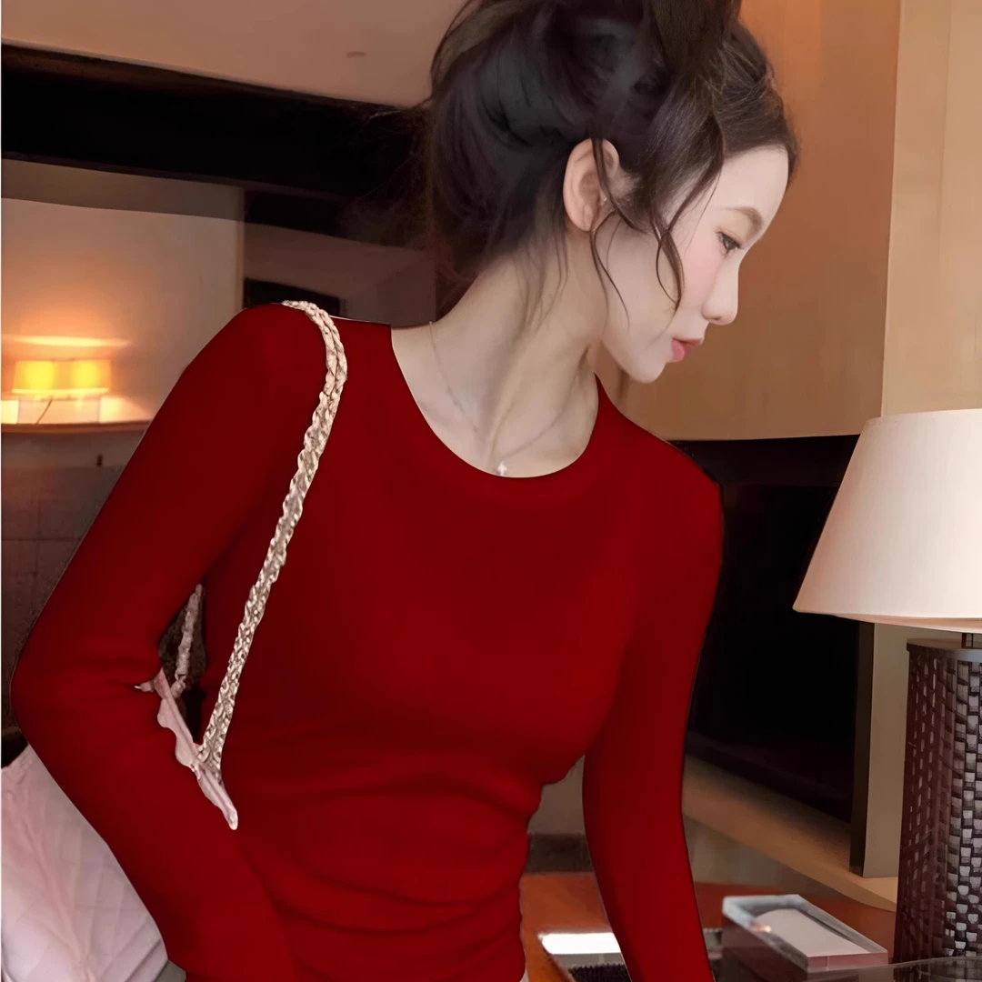 红色圣诞新年针织衫女秋冬新款紧身内搭羊毛薄款毛衣长袖打底上衣