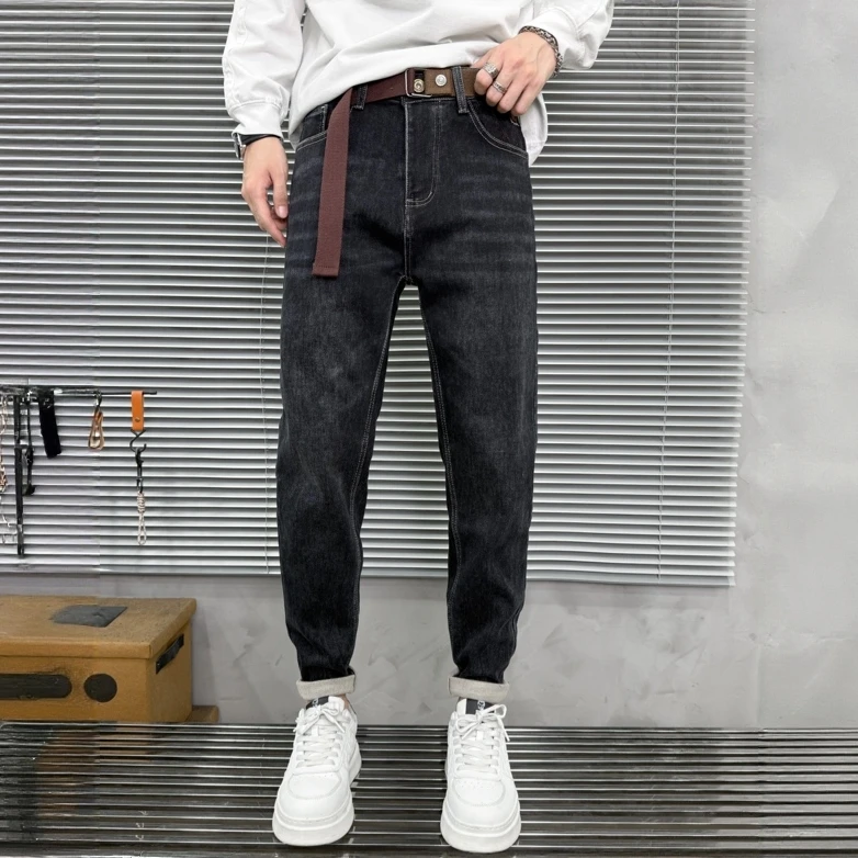 冬季新款蓝灰底抓毛男士小直筒时尚百搭水洗牛仔裤【带腰带】1556