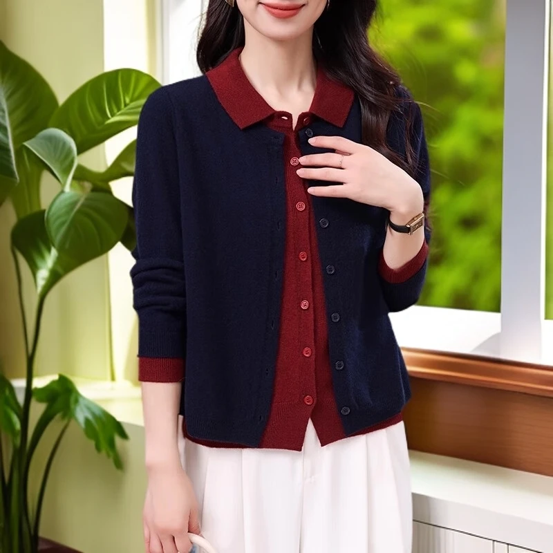 减龄假两件针织衫拼色通勤设计感秋季女外套新款上衣毛衣时尚翻领