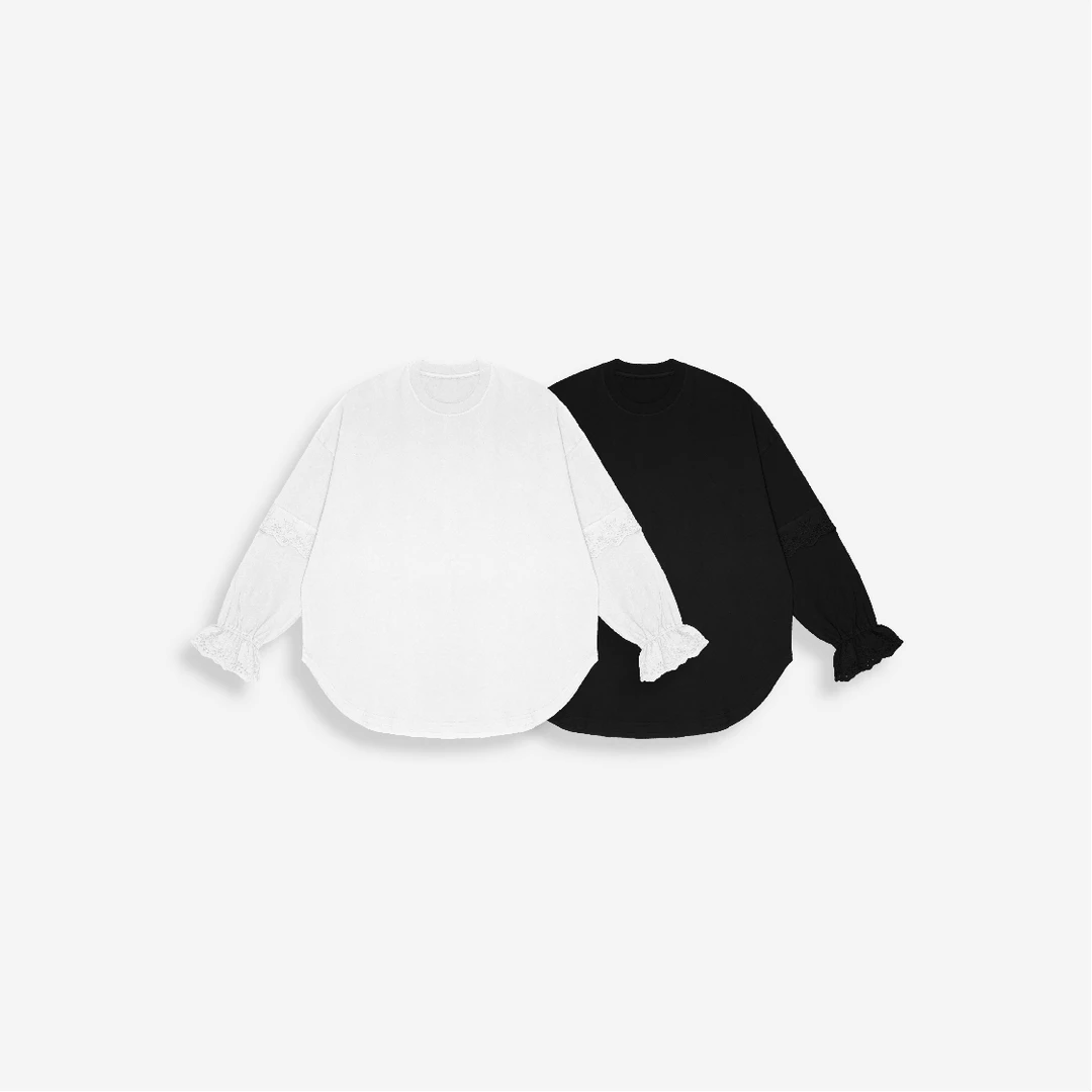 22057简约纯色蕾丝花边袖长袖T恤女秋冬宽松百搭时尚上衣