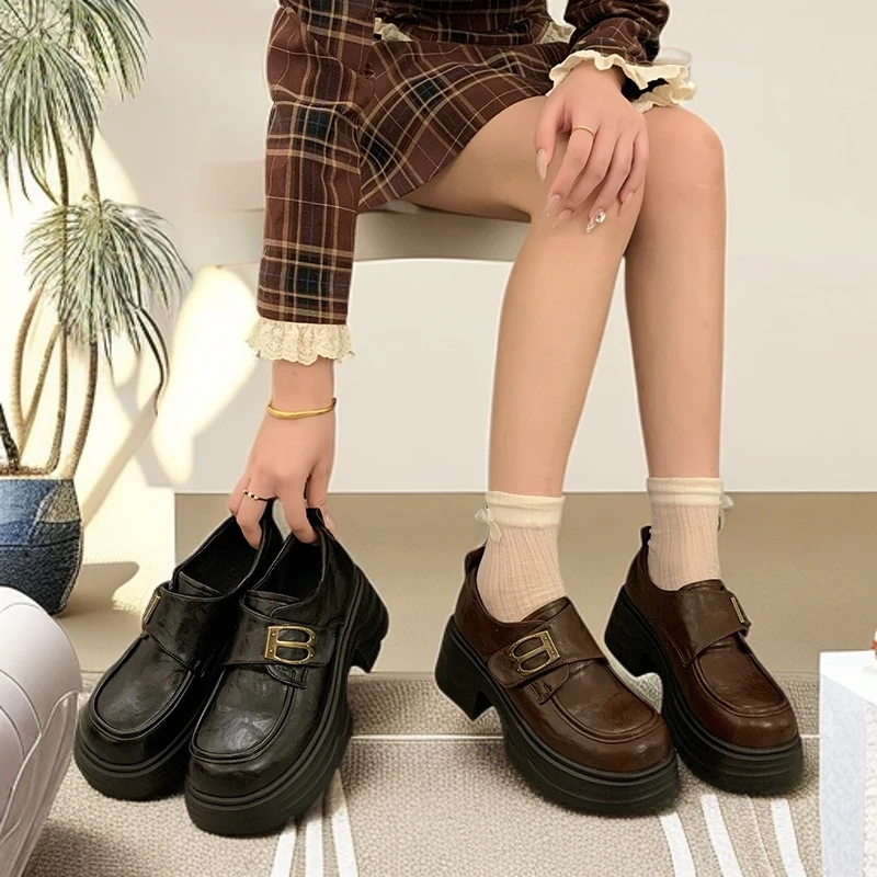 厚底粗跟英伦风女2025春秋季新款韩版圆头中跟一脚蹬乐福鞋女款