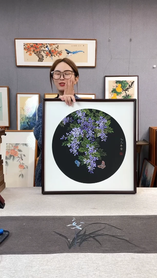 【闪购商品】国画闫冬雪-手绘带框作品-52*52-紫藤