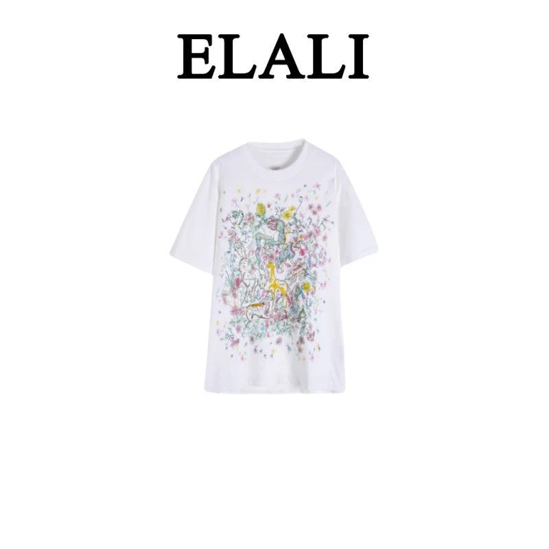 ELALI 百搭情侣装圆领重工刺绣烫钻宽松T恤2732白