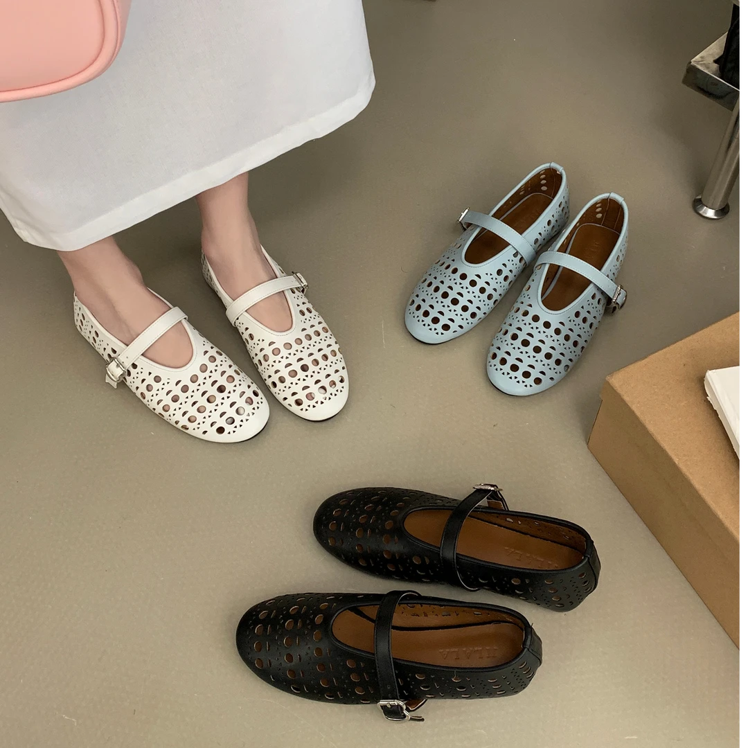 羊皮版~复古港风小香风圆头镂空内增高2025新款百搭软底平底单鞋