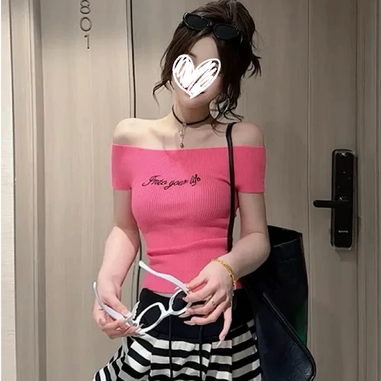度月棠美式辣妹一字肩短袖针织衫女2025夏新款设计感修身显瘦上衣