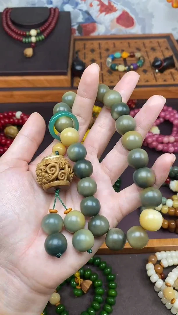 手串白玉菩提青柠  大圆珠手持带香盒吊坠