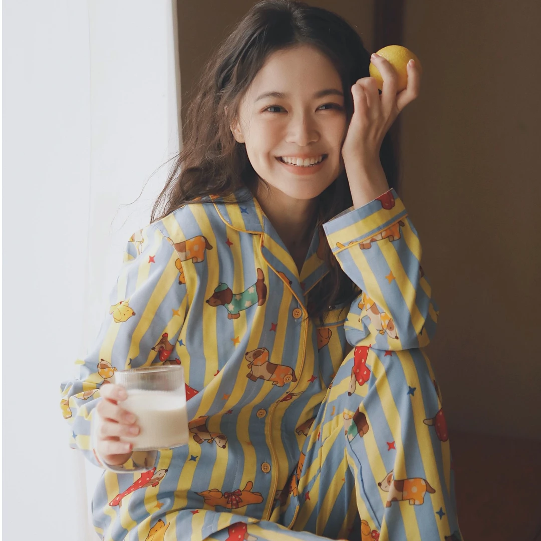 【段姐家居服】全棉双层纱布翻领印花长袖长裤睡衣套装春秋舒适透气