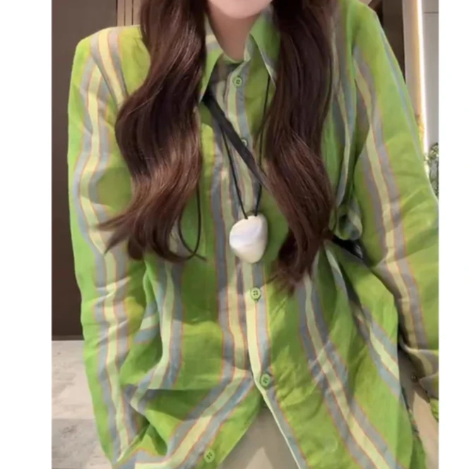 “先森” 2025春季新款高级感天丝亚麻轻奢绿色条纹衬衫