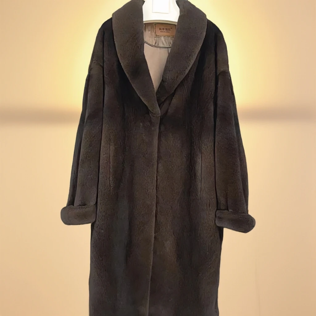 【凯蒂雷尼】2320时尚休闲中长款咖色气质女士宽松貂毛女款貂毛大衣