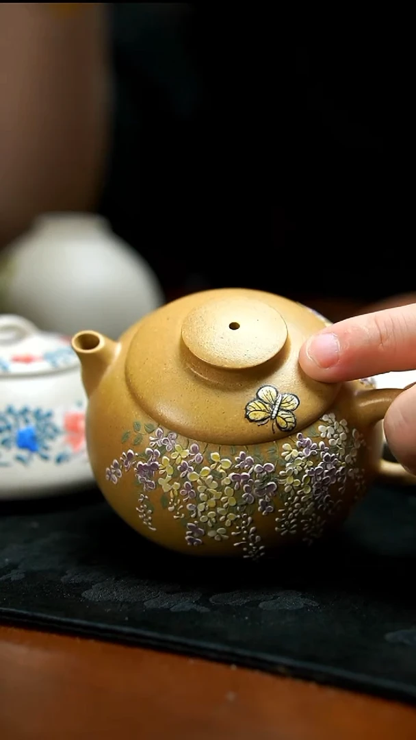 茶壶紫砂本绿紫荆花壶