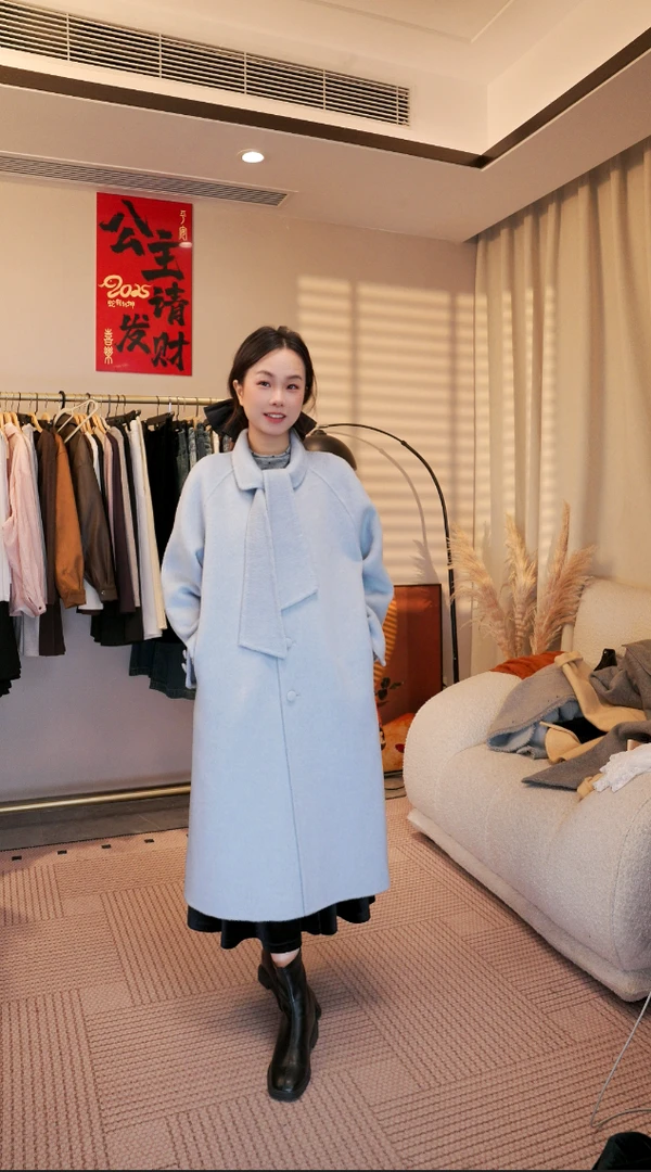 千金归来蓝色绑带双面羊毛羊绒长款外套大衣