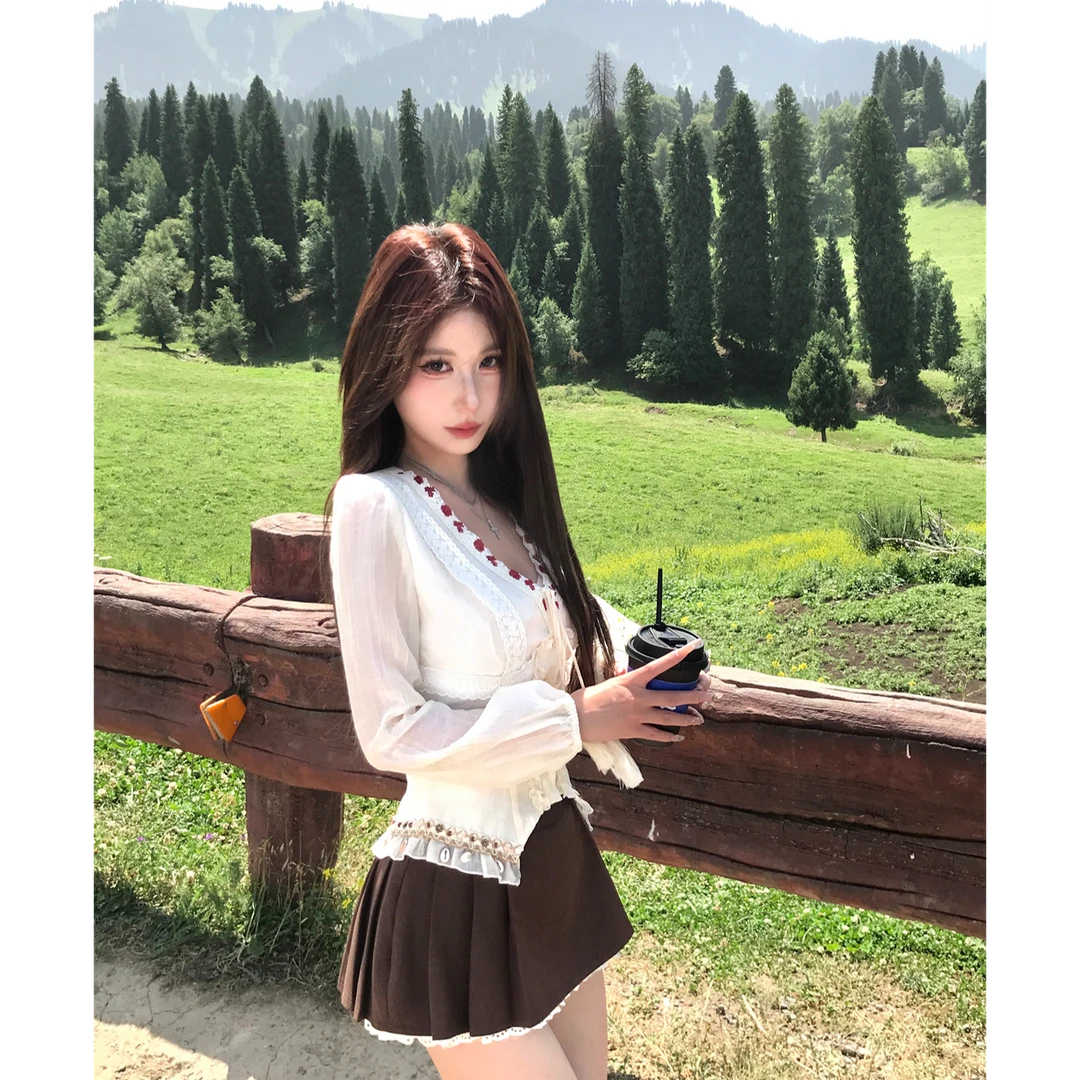 【糖糖】大码女装纯欲甜辣修身t恤女秋季长袖花边上衣+短裙套装