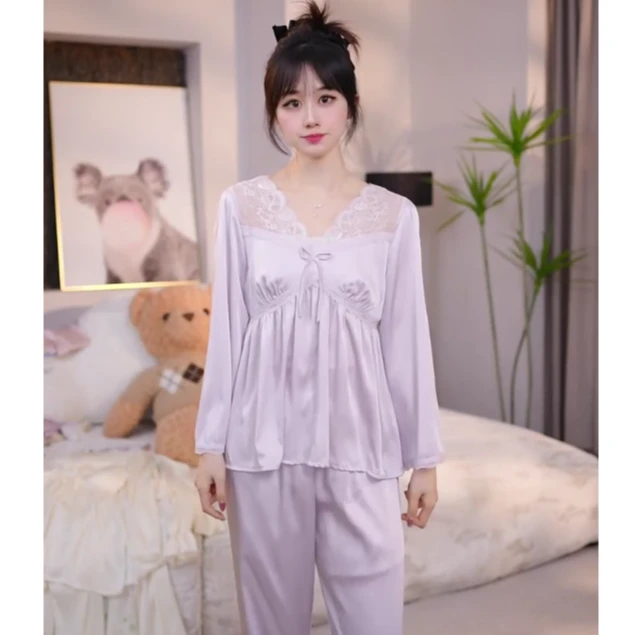 查理夫人无编码【新清茉】丝款睡衣套装睡衣秋冬长袖休闲家居服