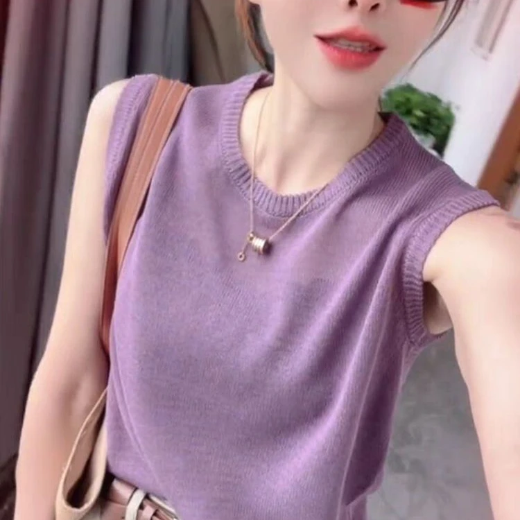 女背心打底夏季针织无袖圆领上衣T恤时尚休闲百搭修身纯色简约921