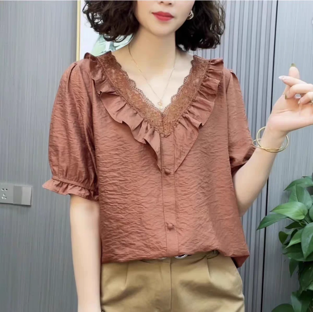 中年妈妈花边显瘦上衣衫减龄V气质宽松蕾丝夏季女士短袖时尚纯色