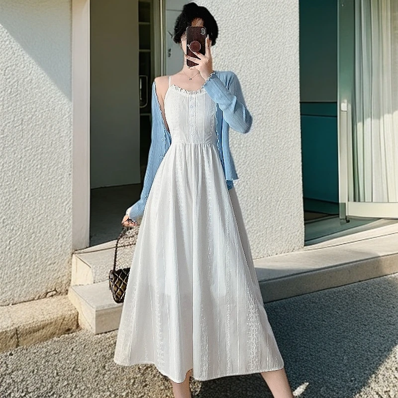 温柔白月光法式刺绣花边小白裙2025秋季吊带连衣裙针织开衫两件套