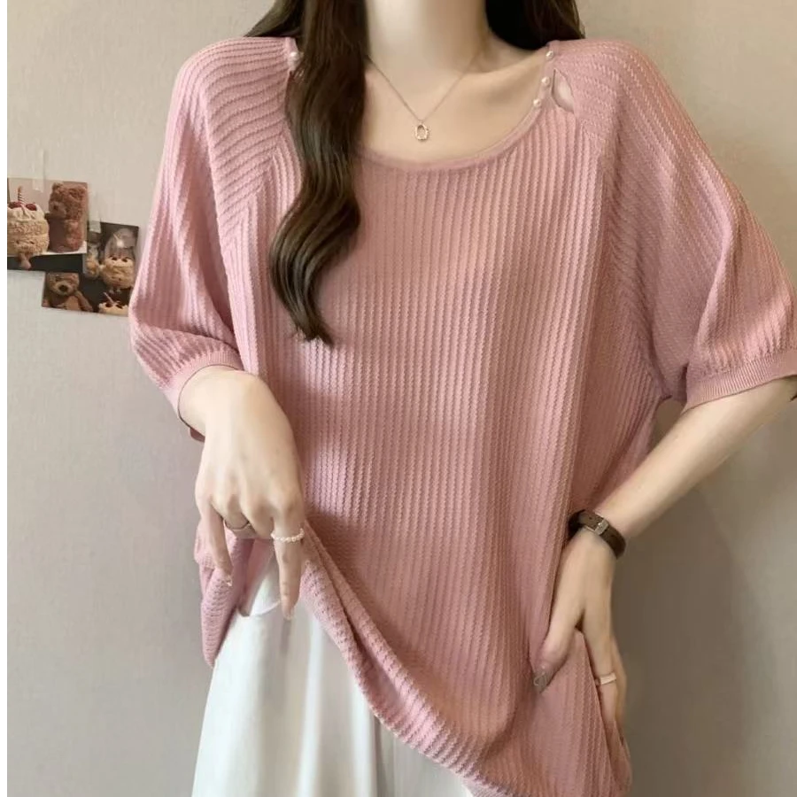 8031小众坑条纹理感冰丝针织短袖大码女夏季胖mm宽松显瘦遮肚上衣