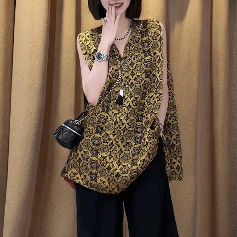 老钱风复古印花V领背心女夏季新款设计感宽松显瘦无袖休闲衬衣潮