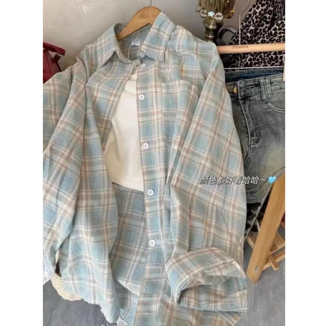 复古长袖格子衬衫宽松外套衬衣女小众设计感外搭上衣潮百搭韩版