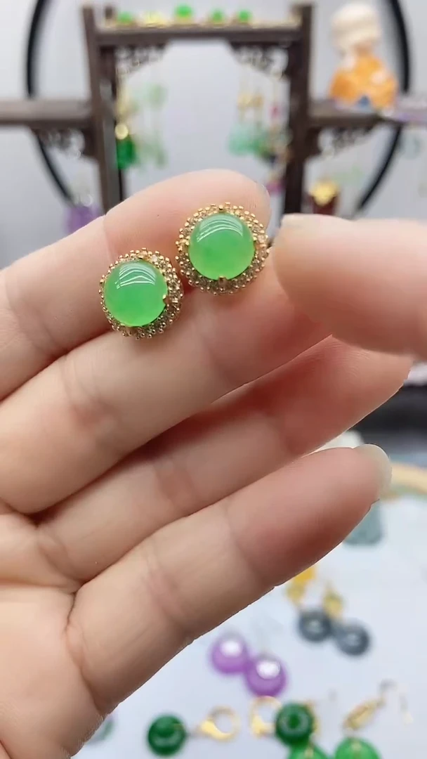 石英质玉（非洲翠）14K金镶嵌耳饰430