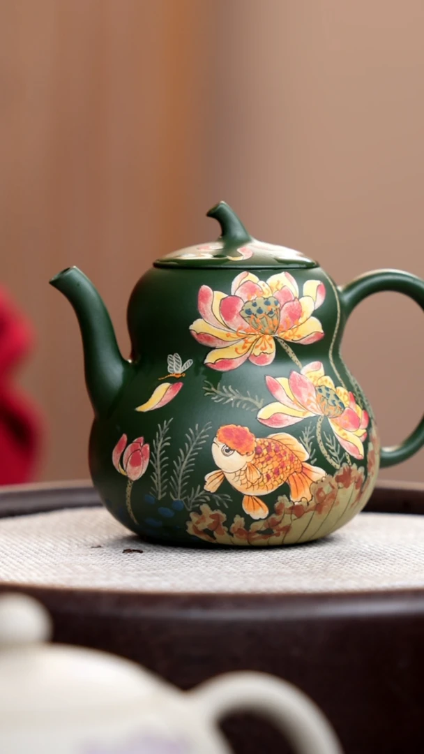 【闪购商品】紫砂茶壶民国绿葫芦壶泥绘金鱼荷花