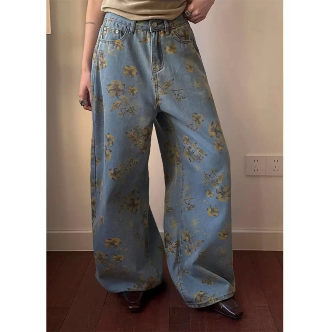 美式复古花朵印花设计感直筒牛仔裤女2025新款宽松显瘦拖地长裤潮