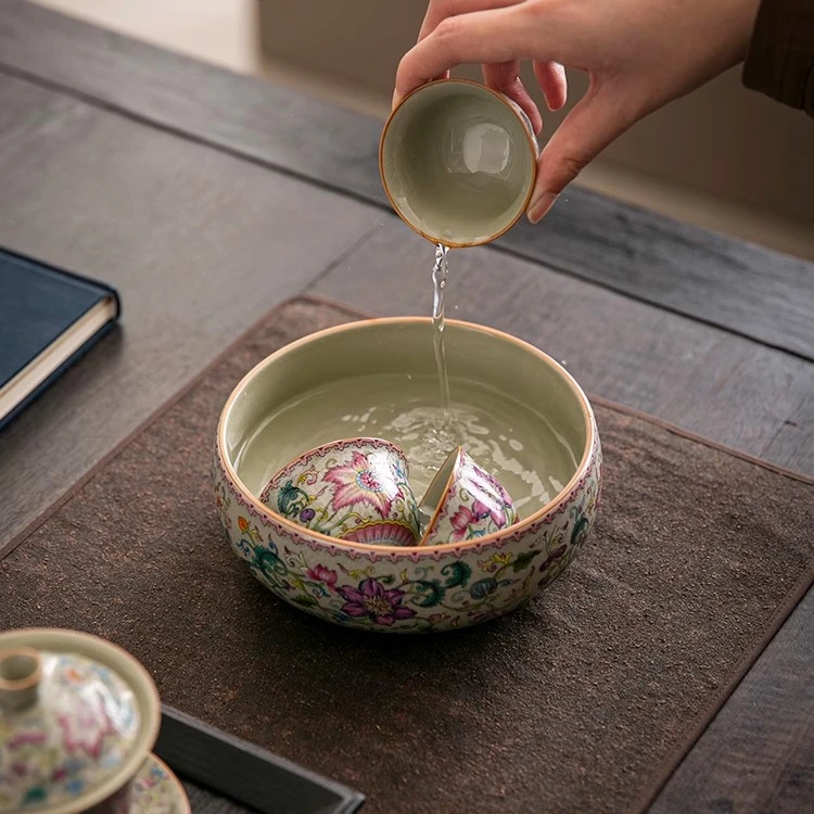 手工汝窑建水茶洗家用高档珐琅彩大容量杯洗废水缸功夫茶具茶缸