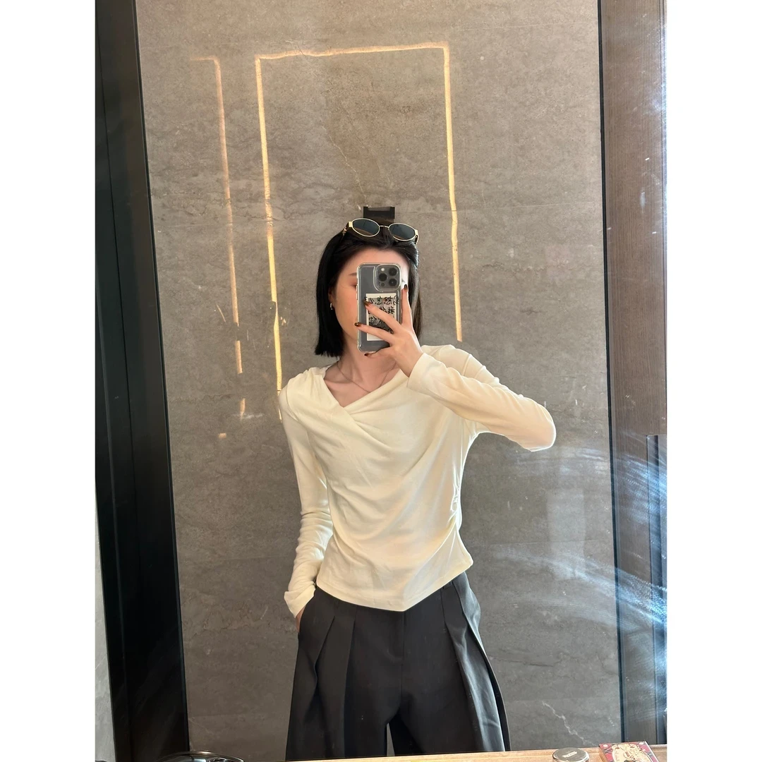 小婉薇 新款荡领修身T恤女通勤设计感时尚小众别致显瘦长袖上衣