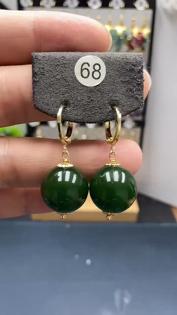 和田玉银S925镀金镶嵌耳饰尺寸16mm耳扣22