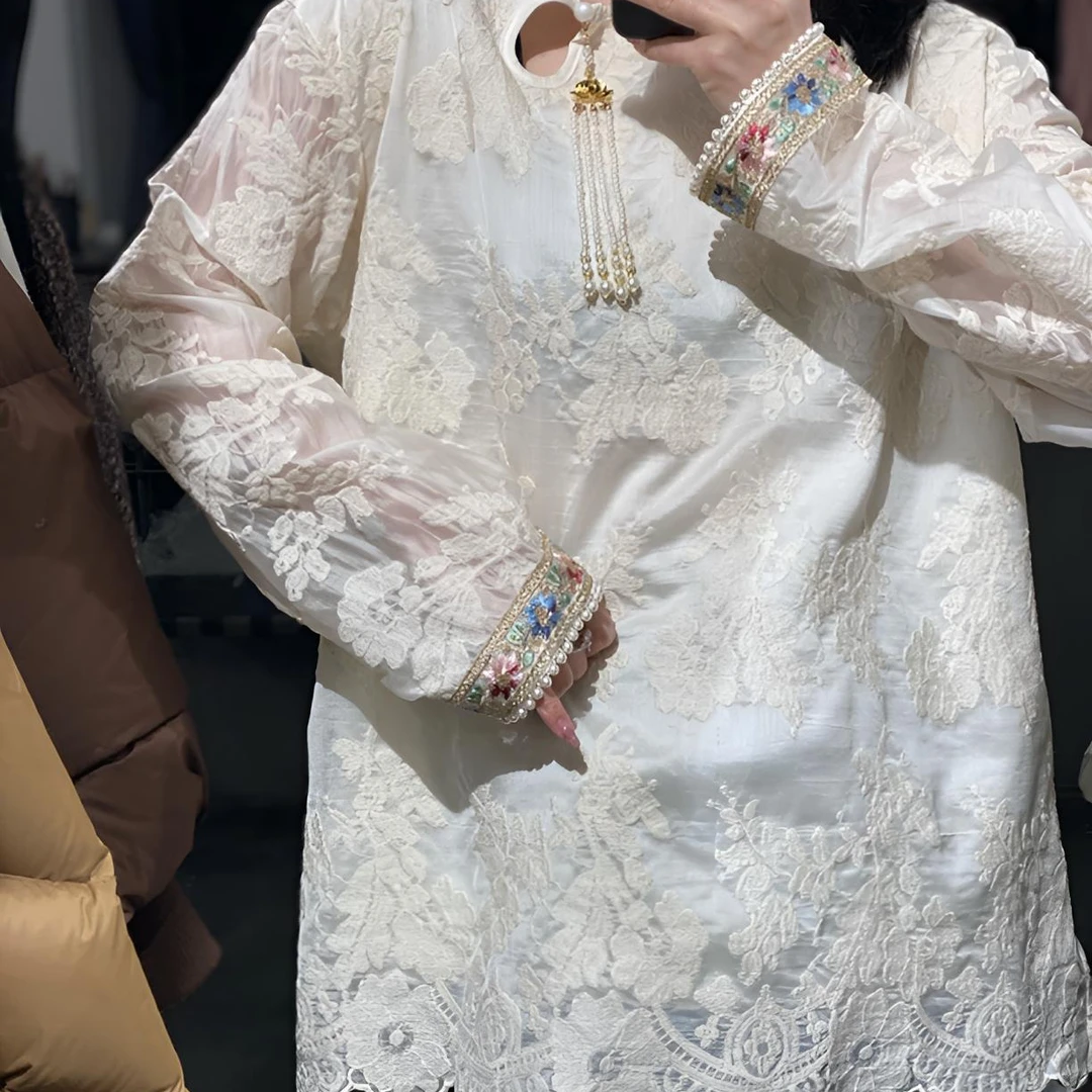 A159109大码女装高级感宽松中长款提花衬衫女新款气质精致上衣