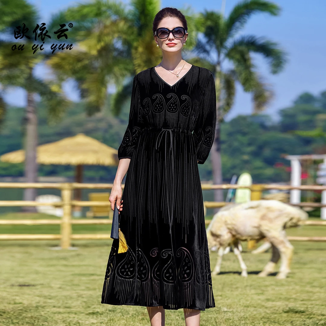 50819欧依云中年妈妈春夏桑蚕丝长裙子显瘦洋气系绳收腰连衣裙