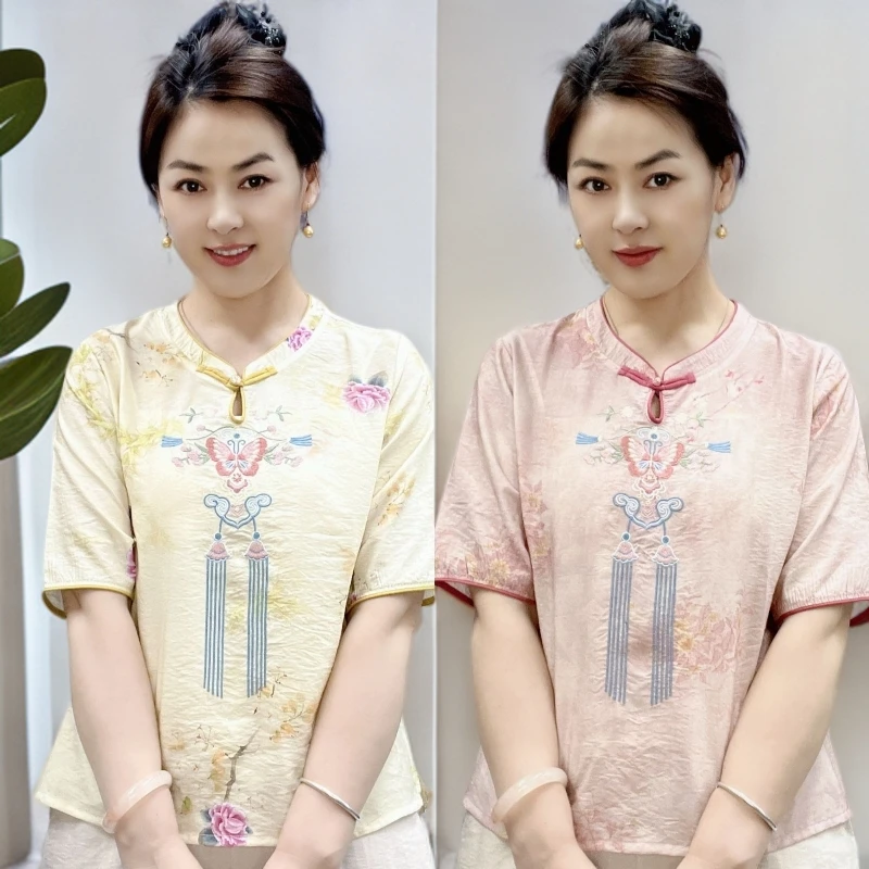 新中式夏季新款【蝴蝶刺绣立领一粒扣】时尚中老年民族风女装t恤