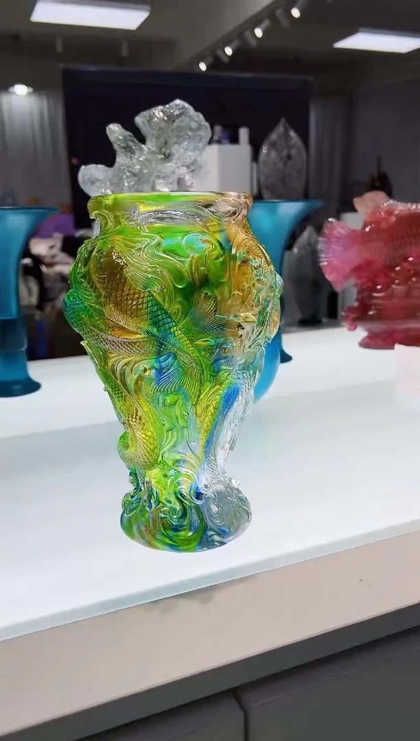 【闪购商品】泥塑古法琉璃九鱼花瓶 摆件