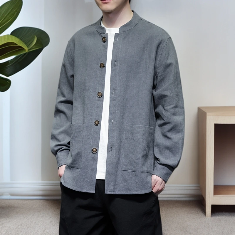 2025秋装新款男士立领棉麻夹克外套简约透气厚衬衫中国风大码外套