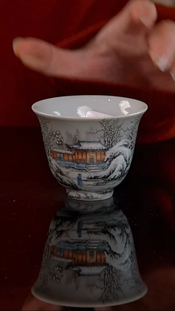 雾雪山坊墨彩堆白雪景山水铃铛杯