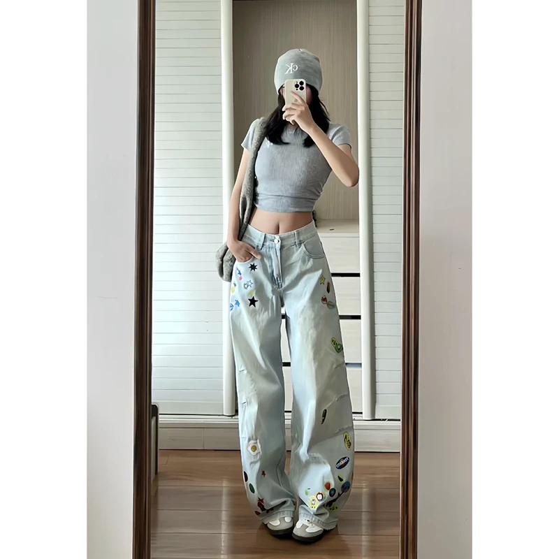 300斤大码印花做旧阔腿裤牛仔裤女新款胖mm高街宽松辣妹风弯刀裤