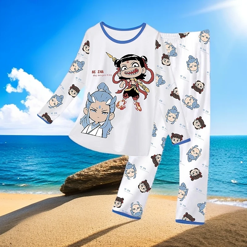 2025新款儿童睡衣男童夏季薄款长袖竹纤维透气男孩哪吒敖丙家居服