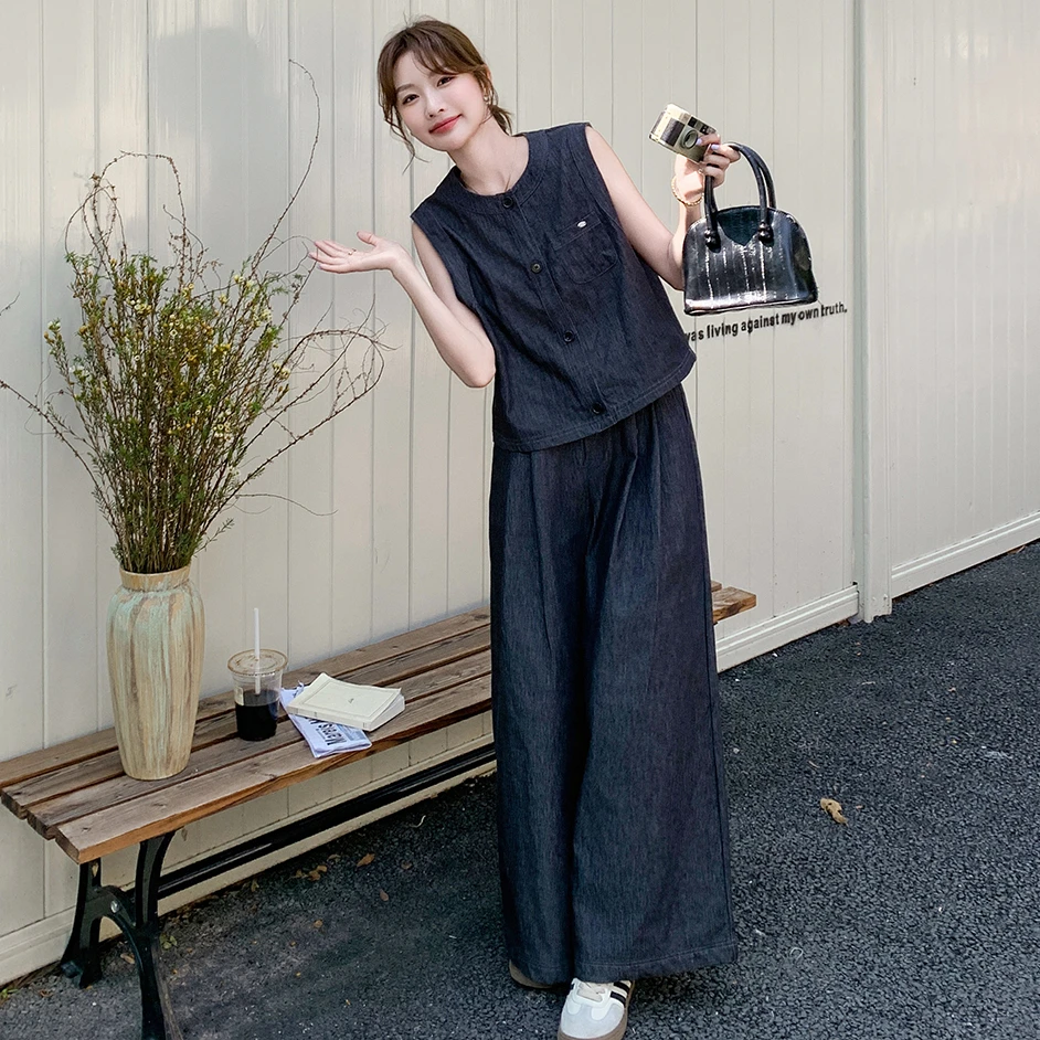 蓝色马甲阔腿裤两件套女2025年夏季新款时尚直筒高腰减龄显瘦套装