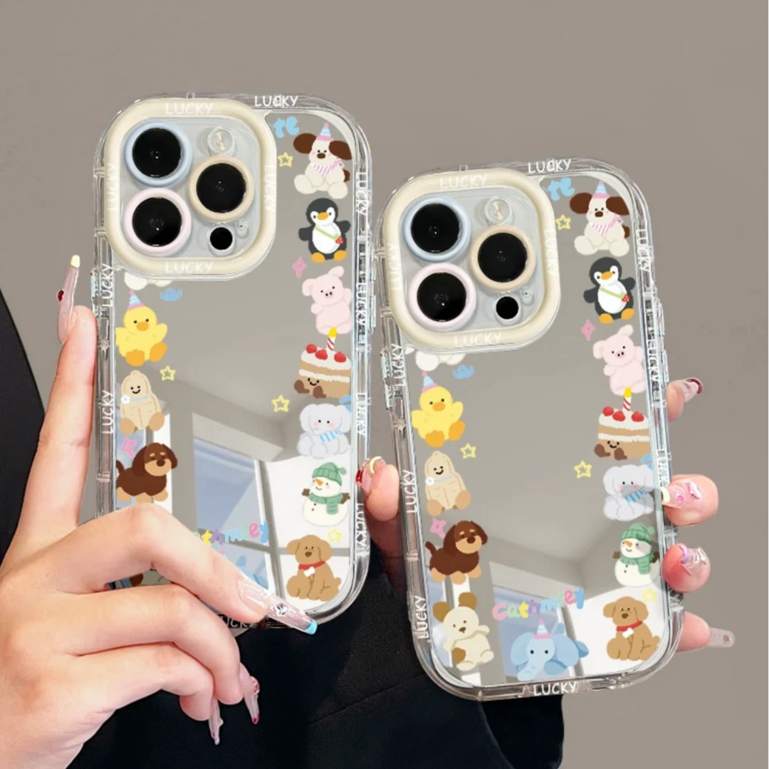 满屏玩偶适用苹果16promax手机壳新款镜面iPhone15pro高级感防摔