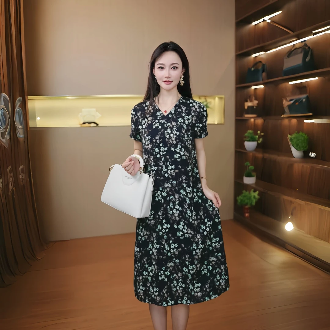 10292-夏季中老年妈妈装遮肉显瘦高尚气质裙子宽松碎花裙子【G仓】