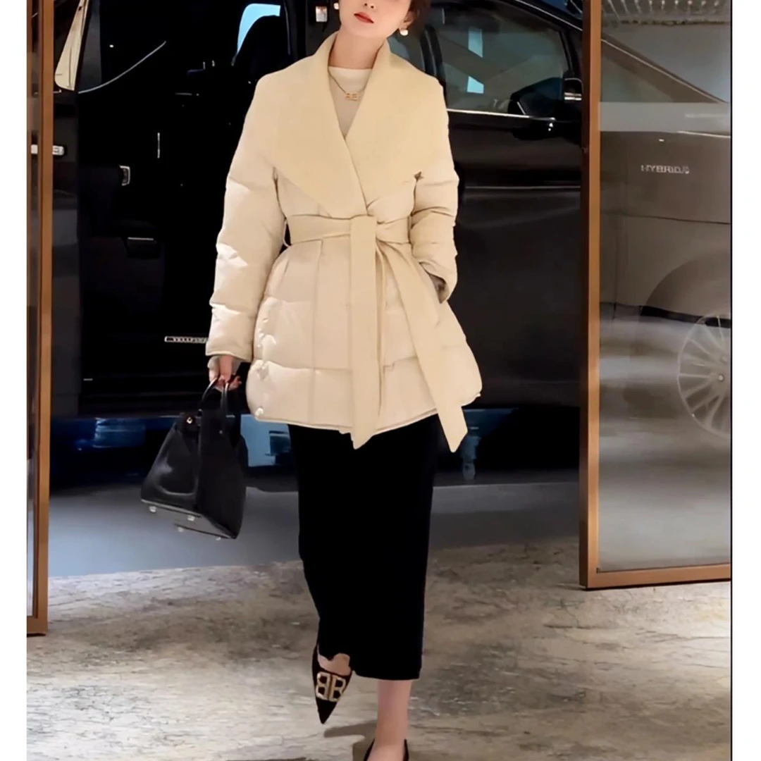 2025冬季新款大翻领宽松保暖棉服女中长款小个子收腰拼接棉袄外套